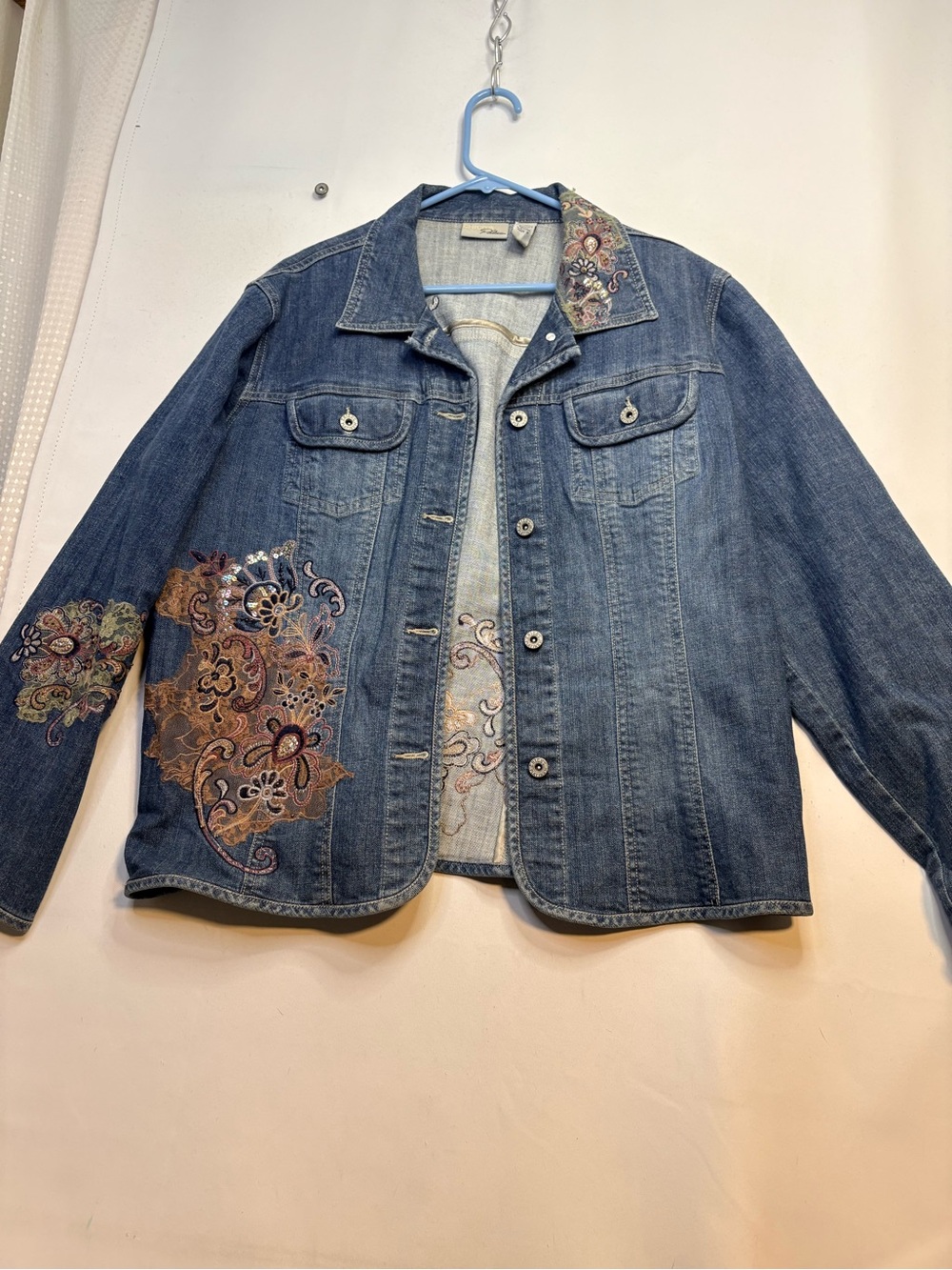 Chico's Blue Denim Jacket with Multicolor Floral Embroidery size 16